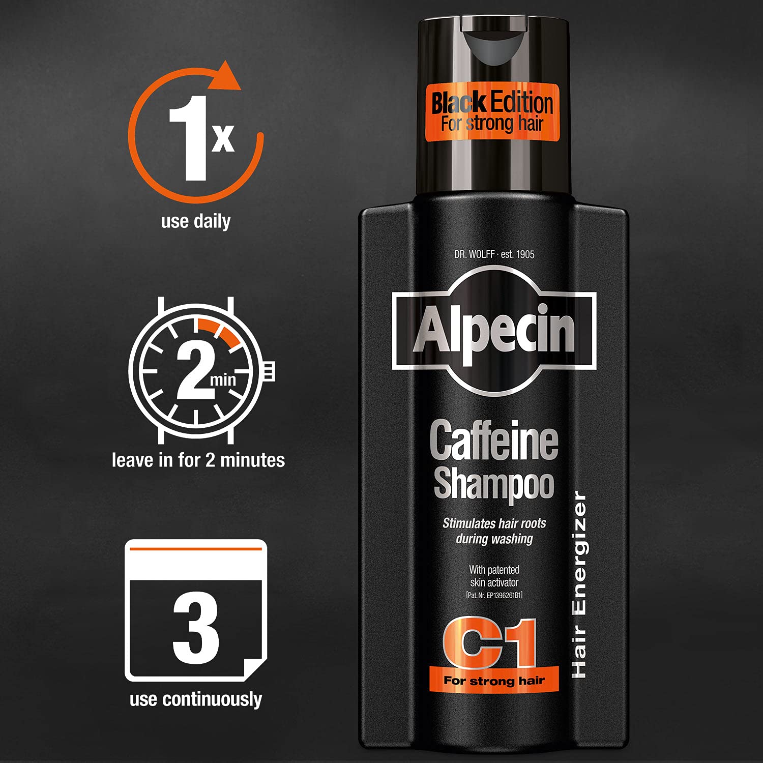 Alpecin Caffeine Shampoo C1 Black Edition with Bold Fragrance 8.45 oz I Hair Performance Enhancer Promotes Natural Hair Growth and Thickness I Energizes Scalp - Image 5