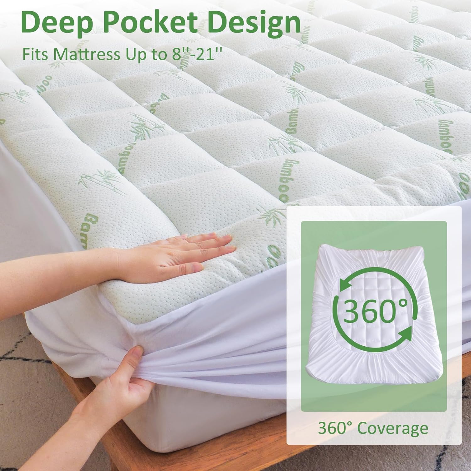 Cooling Mattress Topper Queen – Extra Soft Pillow Top Mattress Pad, Breathable Viscose Made from Bamboo Mattress Protector for Back Pain Relief, Deep Pocket Cover Fits 8–21 Inch - Image 3
