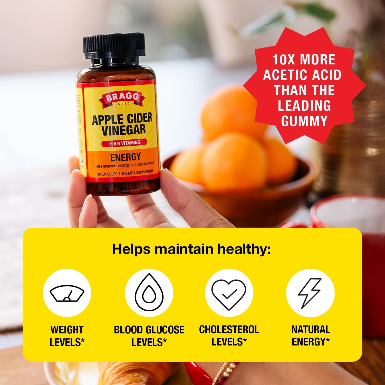 Bragg Energy Apple Cider Vinegar Capsules with B-12 Vitamins - 90 Capsules - Weight Management - Non-GMO, Vegan, Gluten Free, No Sugar - Helps Generate Energy at Cellular Level for Men and Women - Image 2