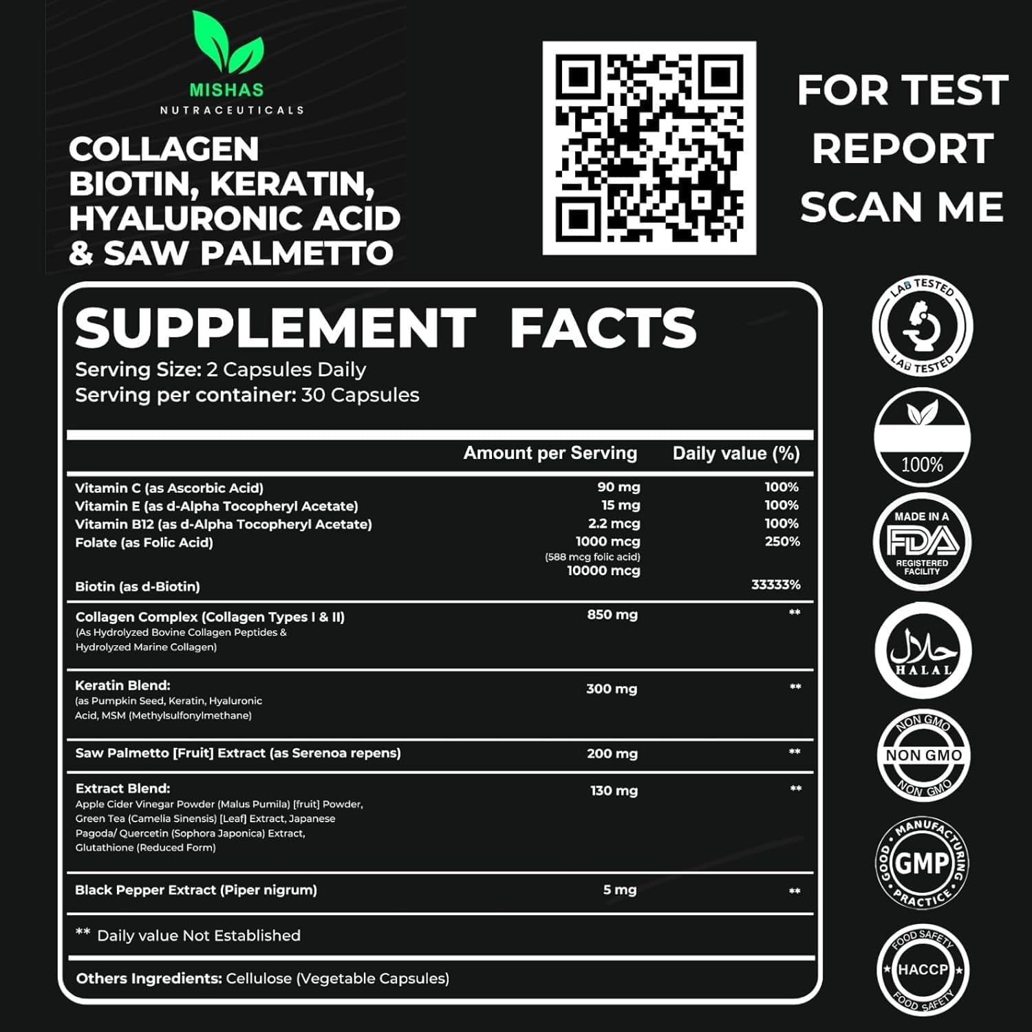Multi Collagen Hair Pills - Biotin 10,000mcg, Keratin & Hyaluronic Acid - Hair Growth - Hair Skin & Nails Vitamins & DHT Blocker - Vitamin E Folic Acid Pumpkin Seed MSM, Saw Palmetto 60 Vegan Capsules - Image 3