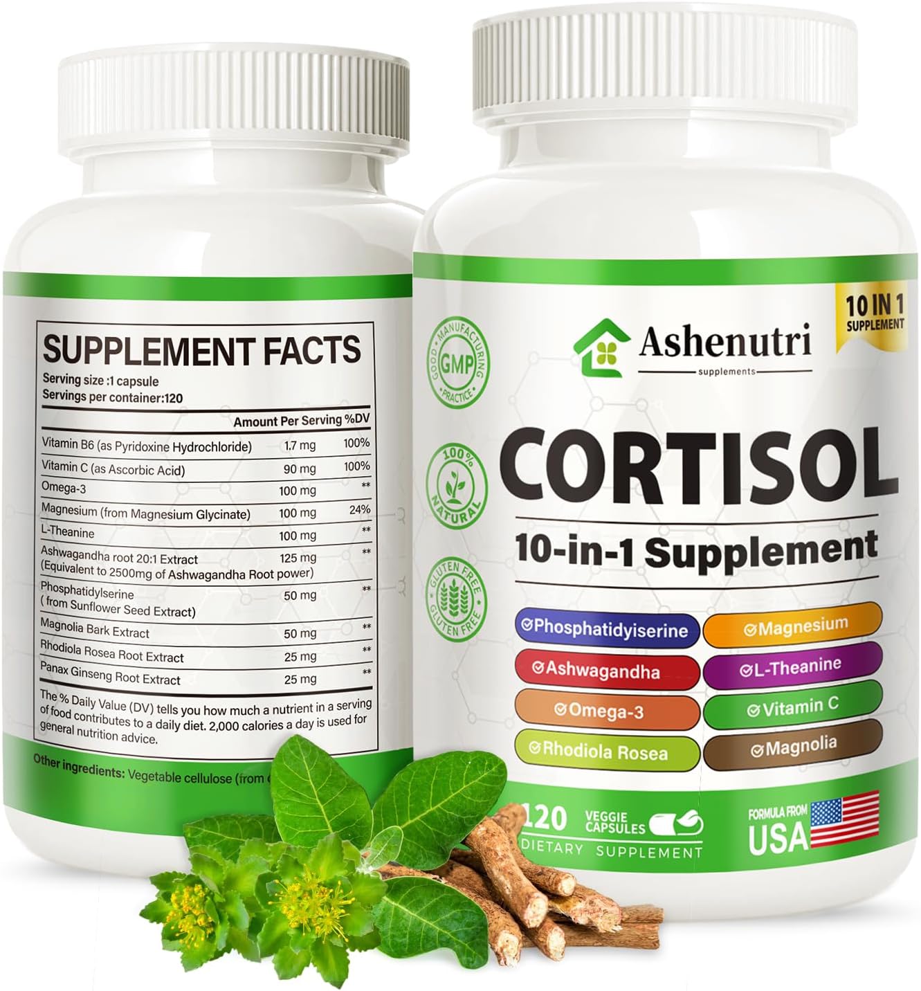 Ashenutri 10-in-1 Cortisol Supplement with Magnesium,Ashwagandha,Rhodiola Rosea,L Theanine,Hormone Balance for Women 120 Vegan Capsules - Image 2