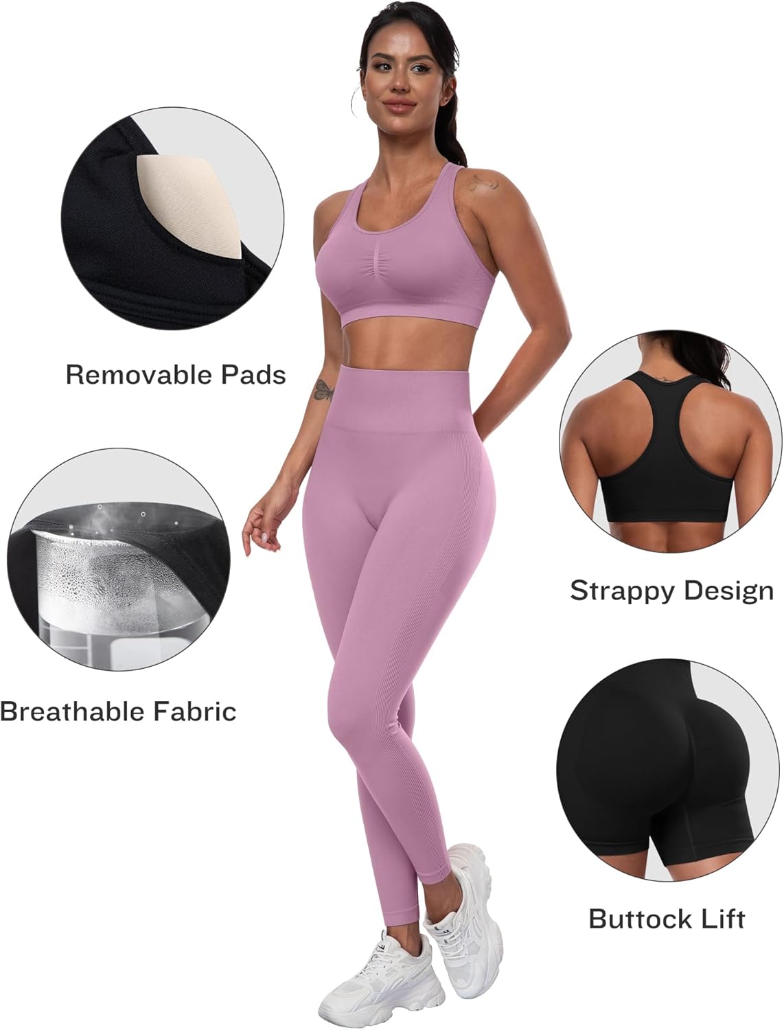 3 Piece Workout Sets for Women Butt Lifting Leggings with High Impact Sports Bra Gym Shorts - Image 2