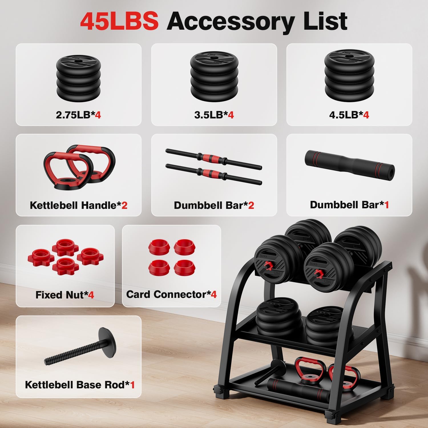 Adjustable Dumbbell Set, 20/30/45/70/90lbs Free Weight Set With Double Locknut, 5-in-1 Dumbbells Set Includes Barbell, Kettlebells, Push up Stand, Weight Plate, Fitness Exercise for Home Gym Suitable Men/Women - Image 8