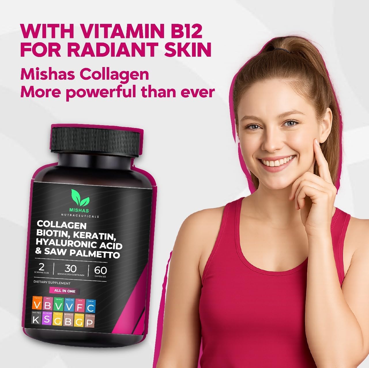 Multi Collagen Hair Pills - Biotin 10,000mcg, Keratin & Hyaluronic Acid - Hair Growth - Hair Skin & Nails Vitamins & DHT Blocker - Vitamin E Folic Acid Pumpkin Seed MSM, Saw Palmetto 60 Vegan Capsules - Image 4