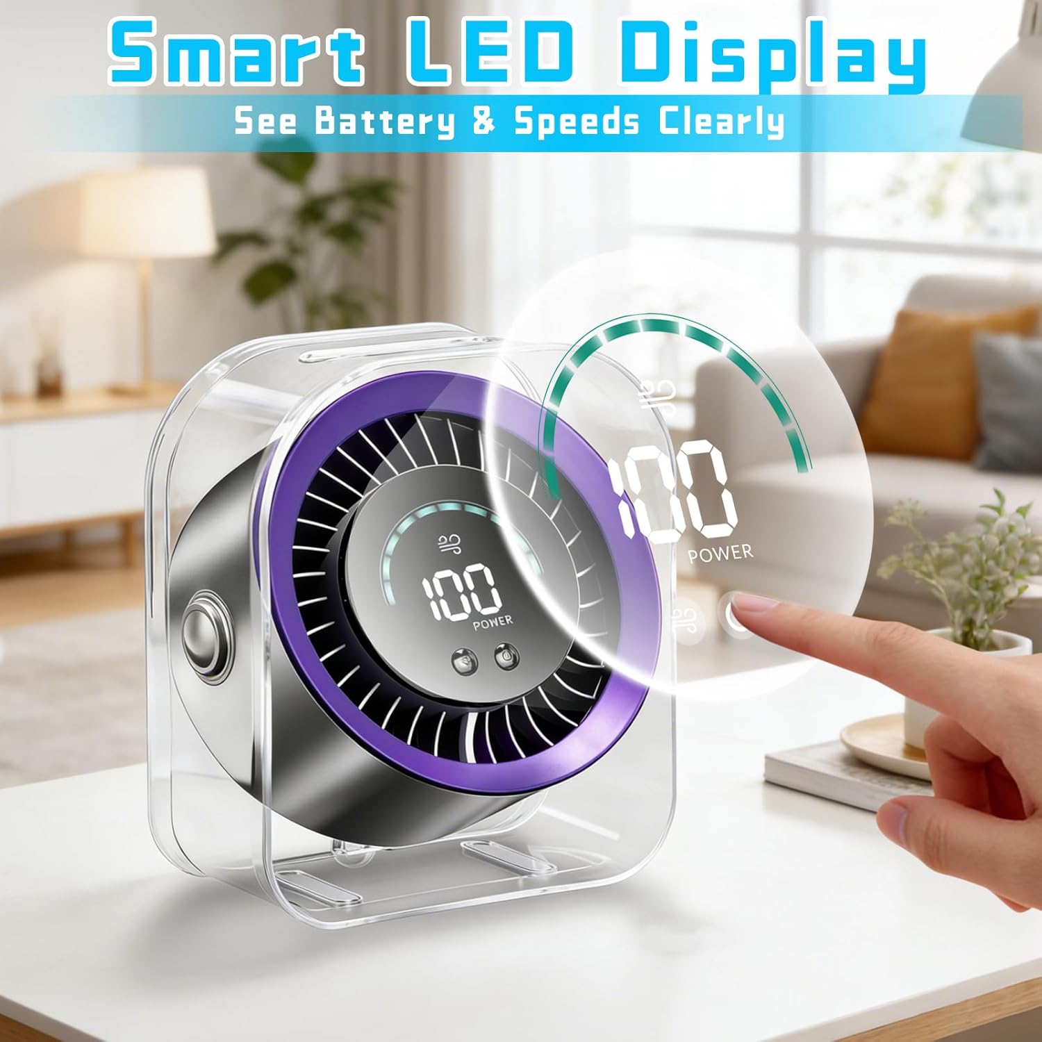 FOWSEEK Rechargeable Desk Fan Small Quiet, 4000mAh Portable USB Table Fan with 100 Speeds, 360° Adjustable, LED Display, Desktop Personal Cooling Fans for Bedroom Camping Office Travel - Purple - Image 7