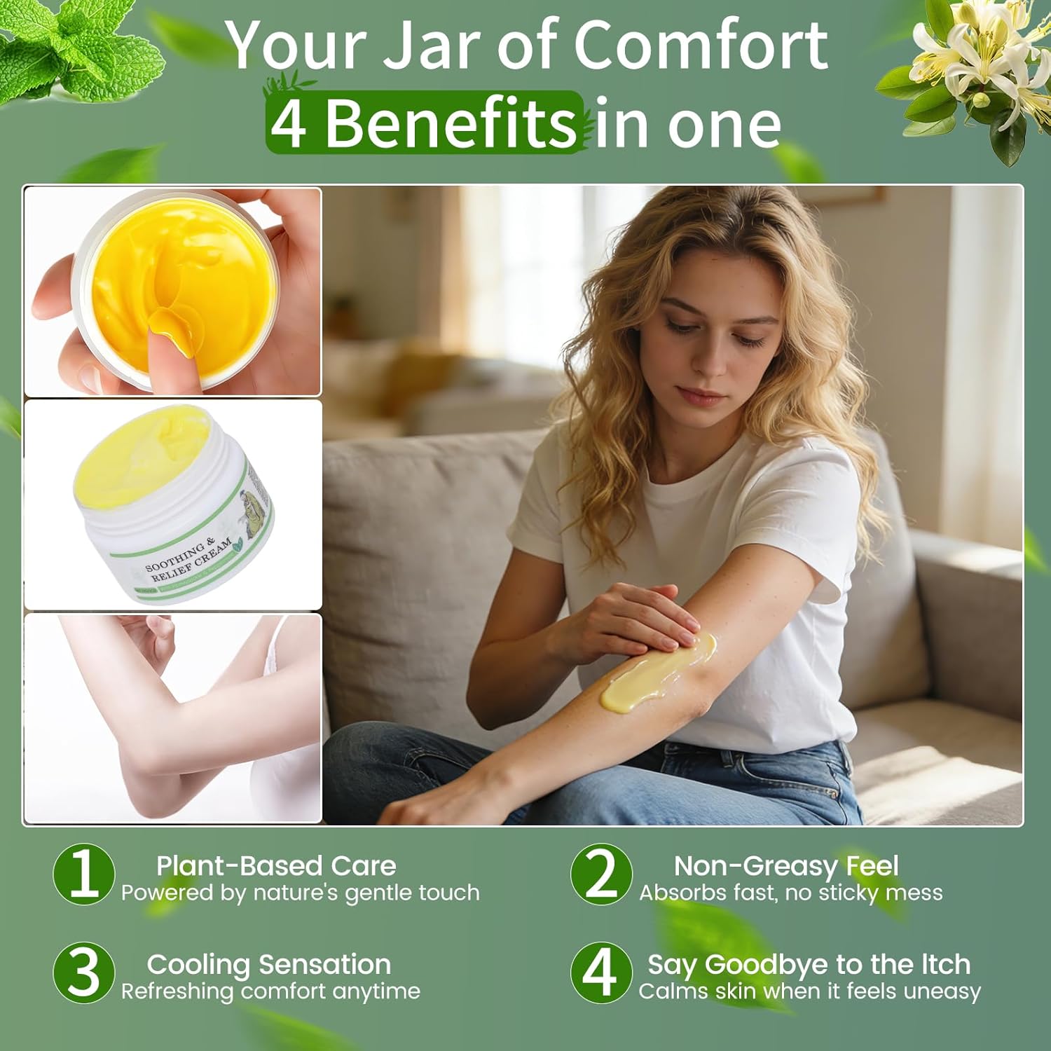 Gentle Herbal Moisturizer for Sensitive Skin, Soothing Relief Cream – Hydrating Daily Care to Soothe Redness & Discomfort, Lightweight and Refreshing for All Skin Types(2pcs) - Image 3