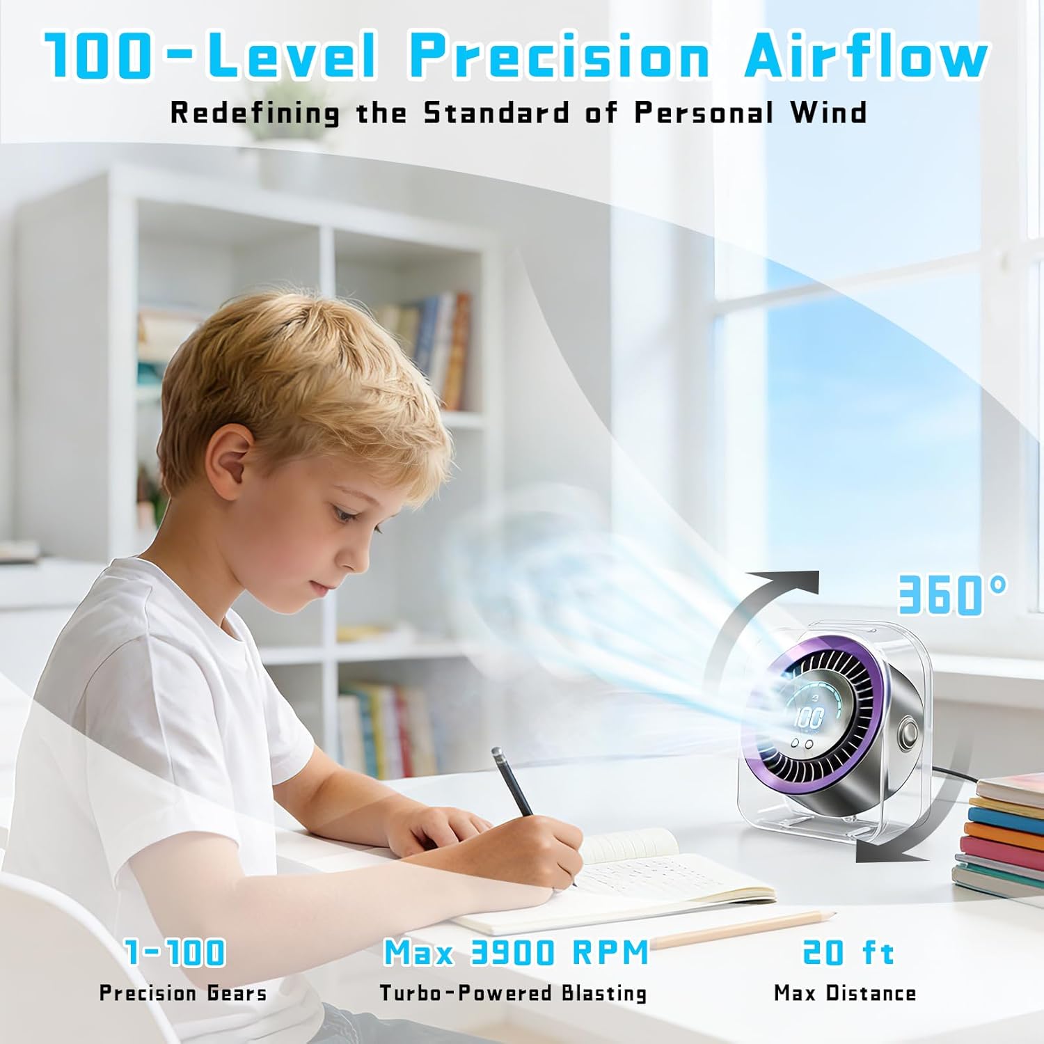 FOWSEEK Rechargeable Desk Fan Small Quiet, 4000mAh Portable USB Table Fan with 100 Speeds, 360° Adjustable, LED Display, Desktop Personal Cooling Fans for Bedroom Camping Office Travel - Purple - Image 4