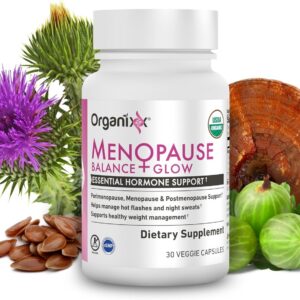 Organixx Menopause Balance + Glow, Womens Supplement with Ashwagandha, Reishi Mushroom, and Milk Thistle, Plant Based Adaptogens and Superfood Blend, Dairy, Soy & Gluten Free, Non GMO, 30 Capsules