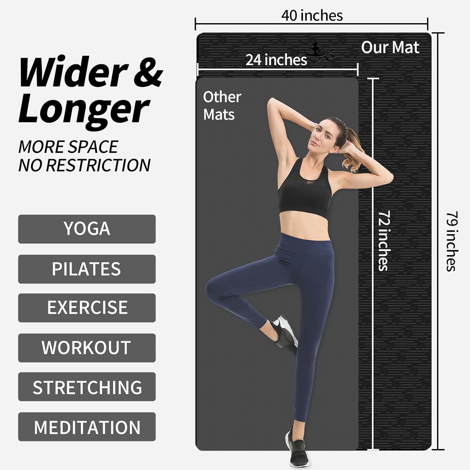 Hatha Yoga Extra Long TPE Yoga Mat 79" x 40" x 1/2" Thick Non-slip Exercise Mat for Home Gym Use, Yoga, Pilates, Fitness & Workouts - Image 2