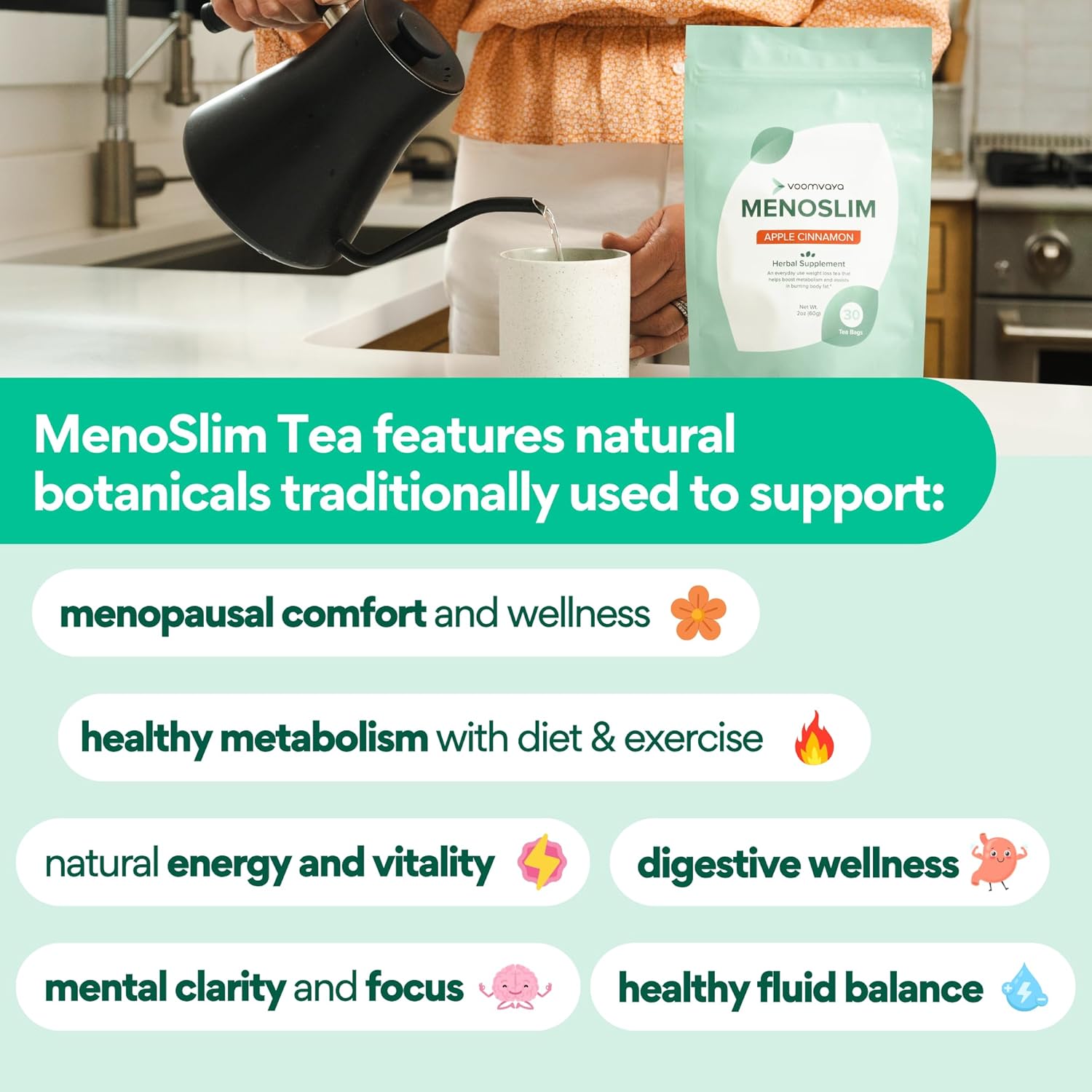 VoomVaya MenoSlim Tea – Menopause & Perimenopause Supplement for Women – Supports Healthy Metabolism & Overall Wellness – Acai Berry Flavor – 30 Tea Bags - Image 4