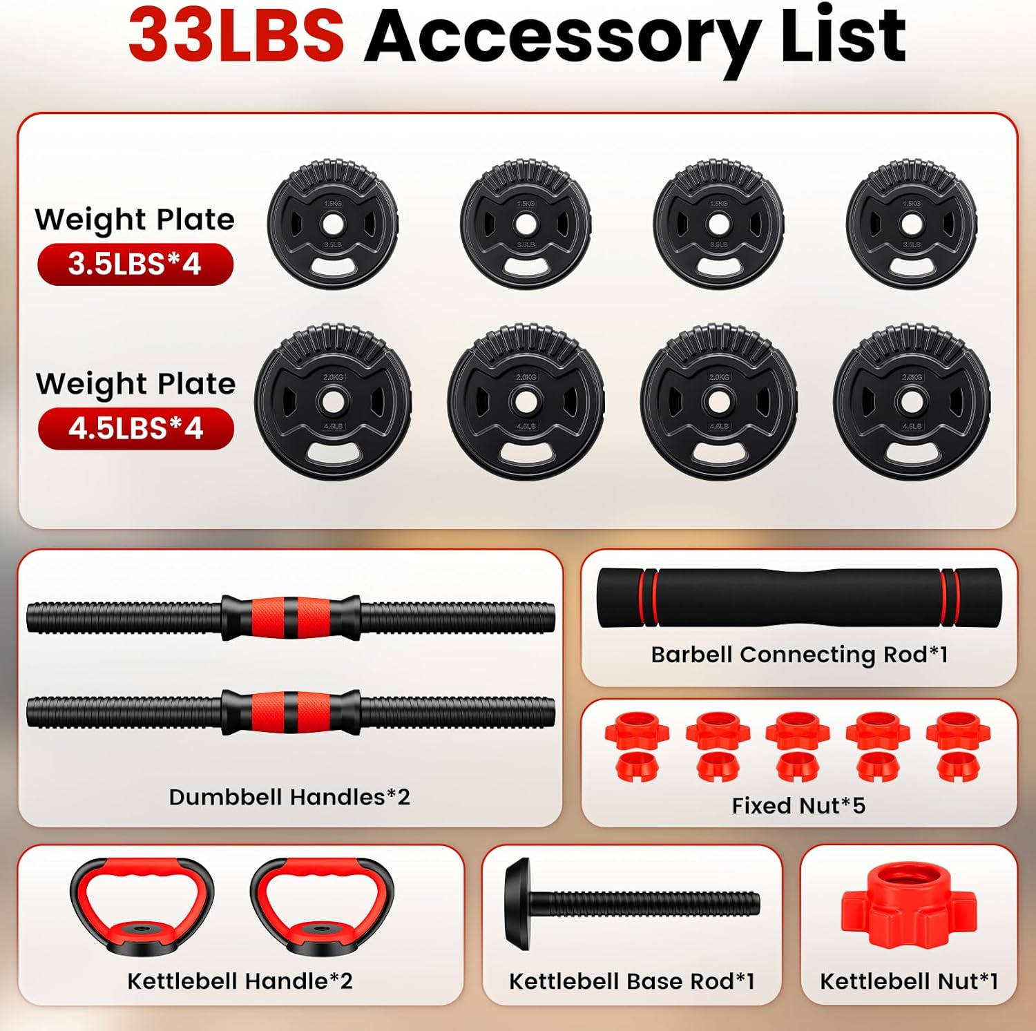 Adjustable Dumbbell Set, 22/33/45/70/90lbs Free Weight Set with Connector, 5-in-1 Dumbbell Set for Barbells, Kettlebells, Push up Stand, Weight Plate, Fitness Exercises for Home Gym Suitable Men/Women - Image 2