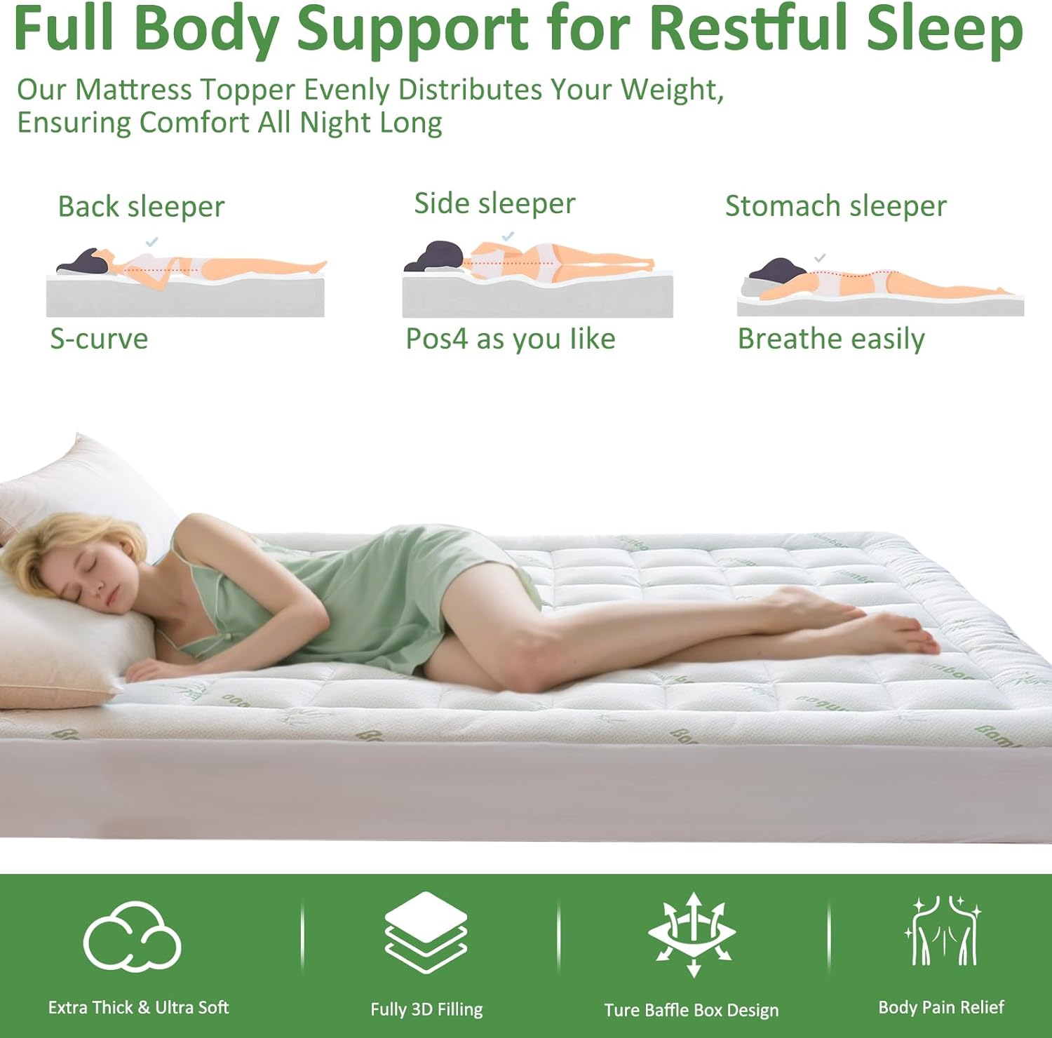 Cooling Mattress Topper Queen – Extra Soft Pillow Top Mattress Pad, Breathable Viscose Made from Bamboo Mattress Protector for Back Pain Relief, Deep Pocket Cover Fits 8–21 Inch - Image 6