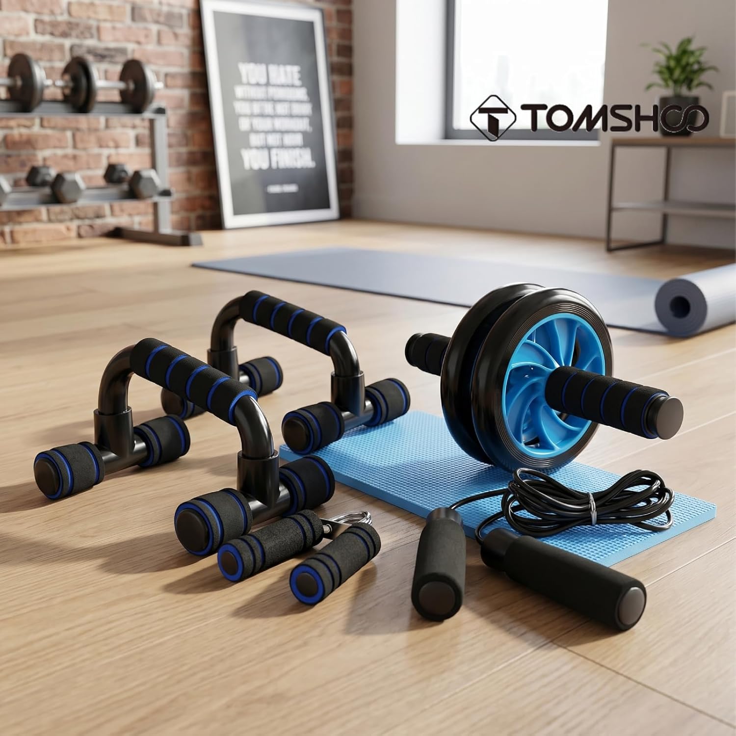 TOMSHOO AB Wheel Roller Kit with Push-Up Bar, Knee Mat, Jump Rope and Hand Gripper - Home Gym Workout for Men Women Core Strength & Abdominal Exercis - Image 8