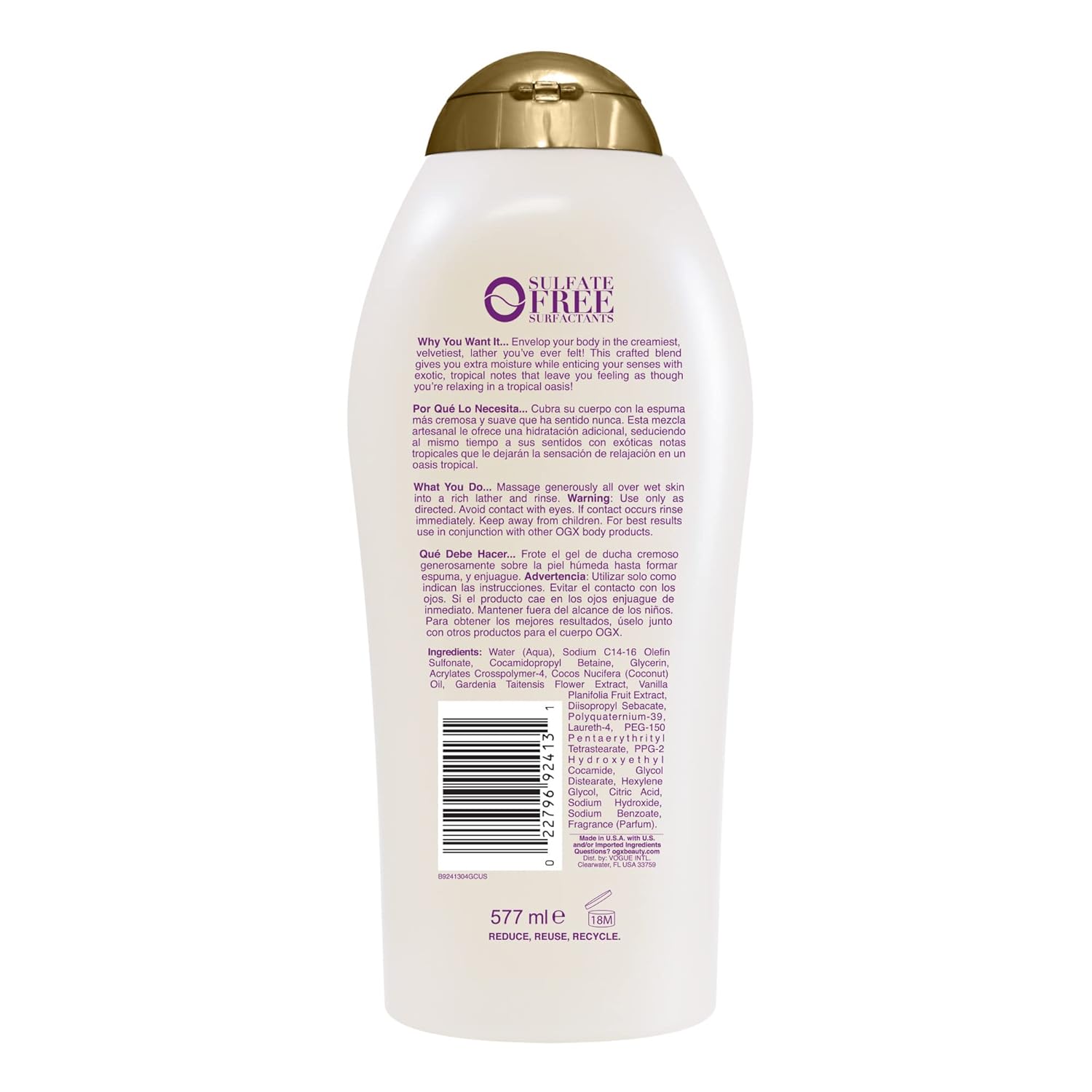 OGX Extra Creamy + Coconut Miracle Oil Ultra Moisture Body Wash, Rich Shower Gel for Dry Skin Infused with Coconut Oil, Body Wash for Women, Sulfate-Free Surfactants, 19.5 fl. oz - Image 2