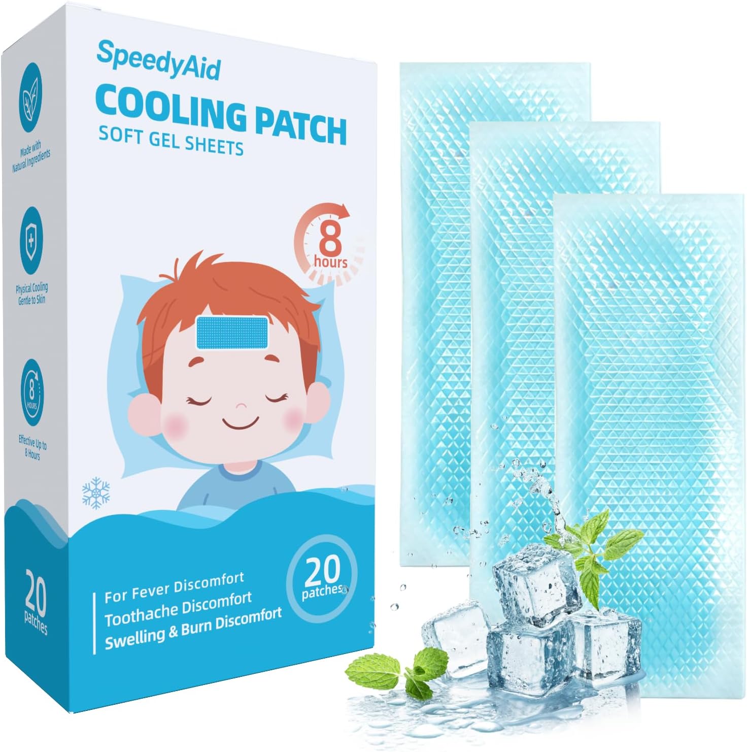 20 Sheets SpeedyAid Fever Patches for Kids & Adults - Soft Gel Cooling Pads for Fever Discomfort & Pain Relief, Soothe Headache Pain, Pack of 20
