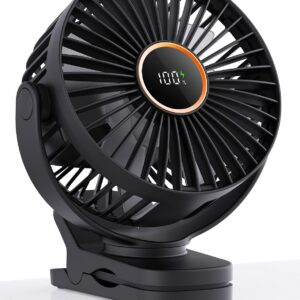 TUNISE Mini Clip on Fan, Battery Operated Desk Fan, Digital display，3 Speeds Adjustable, Bidirectional 360 ° Adjustable, Super Strong Wind, Portable Fan for Home Office Stroller Camping Black