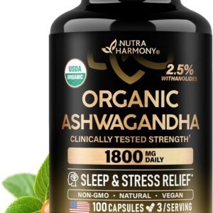 Ashwagandha Supplements 1800mg - USDA Organic Ashwagandha for Women & Men - Clinically Effective Strength for Stress Relief & Sleep - Powder & Root Extract 2.5% Withanolides - 100 Capsules