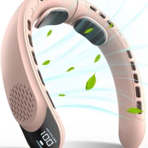 FrSara Rechargeable Neck Fan, Personal Fan with LED Display, 3 Speeds with 4000mAh Battery Powered, Supports USB TYPE-C, Portable, Ideal & Quiet for Women, Men Travel, Outdoor, Pink