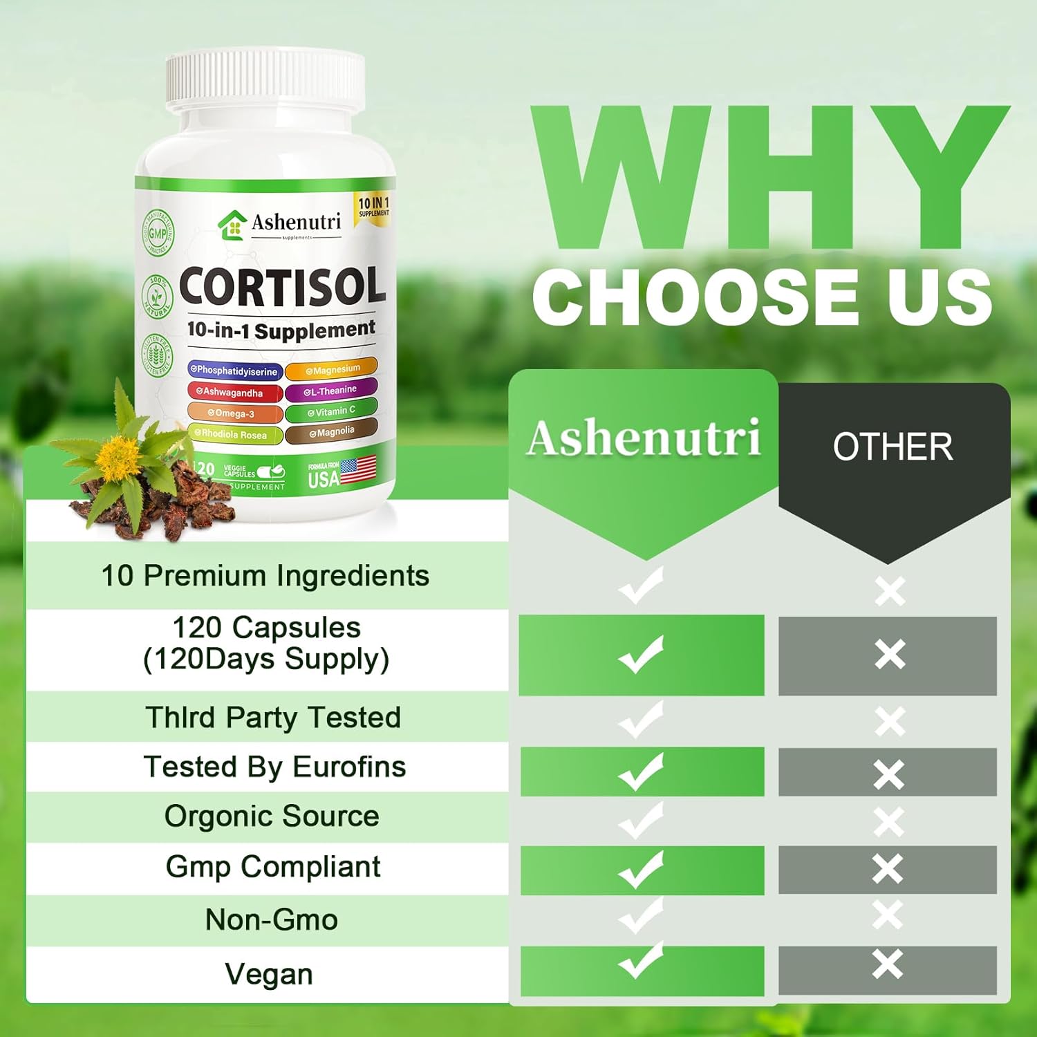 Ashenutri 10-in-1 Cortisol Supplement with Magnesium,Ashwagandha,Rhodiola Rosea,L Theanine,Hormone Balance for Women 120 Vegan Capsules - Image 5