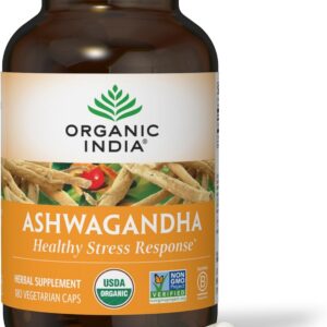 ORGANIC INDIA Ashwagandha Capsules - Organic Ashwagandha Supplement - Vegan Ashwagandha Root, Gluten-Free, Kosher, Non-GMO, Supports Stress Relief, Energy, and Sleep - 180 Capsules