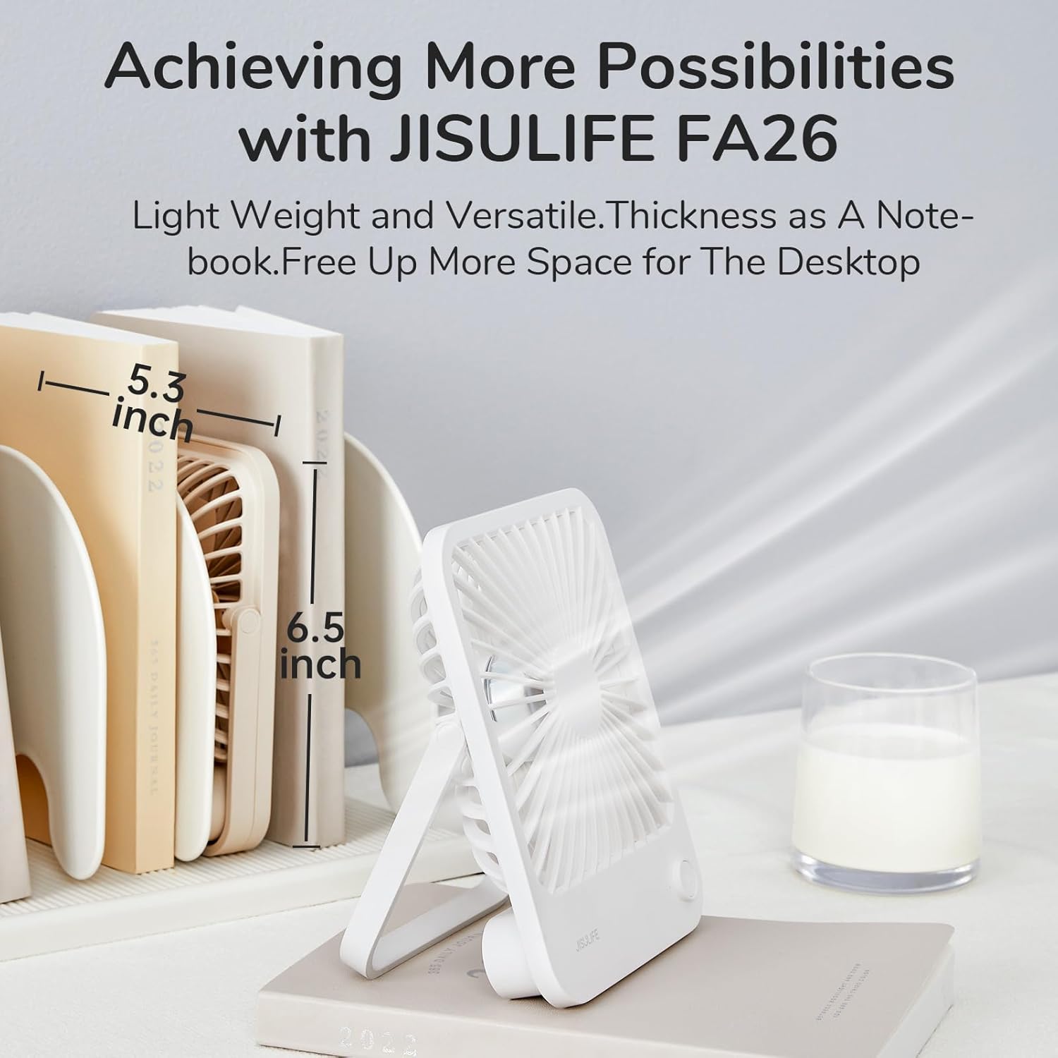 JISULIFE Desk Fan Battery Rechargeable, 4500mAh 180°Foldable Portable Personal Fan, 4 Speeds Adjustable Long Battery-life for Home Office Travel Outdoor Gifts for Women Men-White - Image 4
