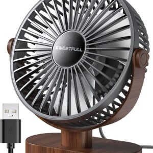 SWEETFULL 6.5 Inch USB Small Desk Fan, 3 Speeds Quiet Portable Desktop Table Fan, 360° Adjustment Personal Mini Fan for Home Office Car Outdoor Travel (Black wood grain)