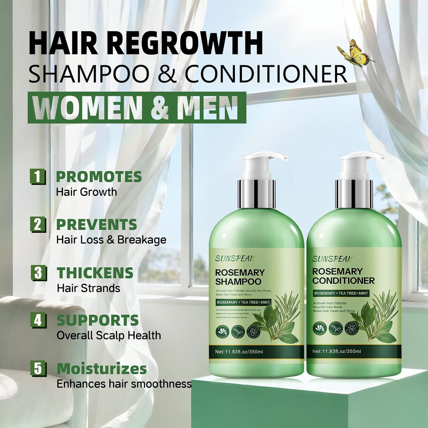 Rosemary Hair Growth Shampoo and Conditioner Set: Thickness & Anti Hair Loss Shampoo and Conditioner with Tea Tree Oil Mint Biotin – Strengthening Formula for Men & Women, Thinning & Damaged Hair Care - Image 3
