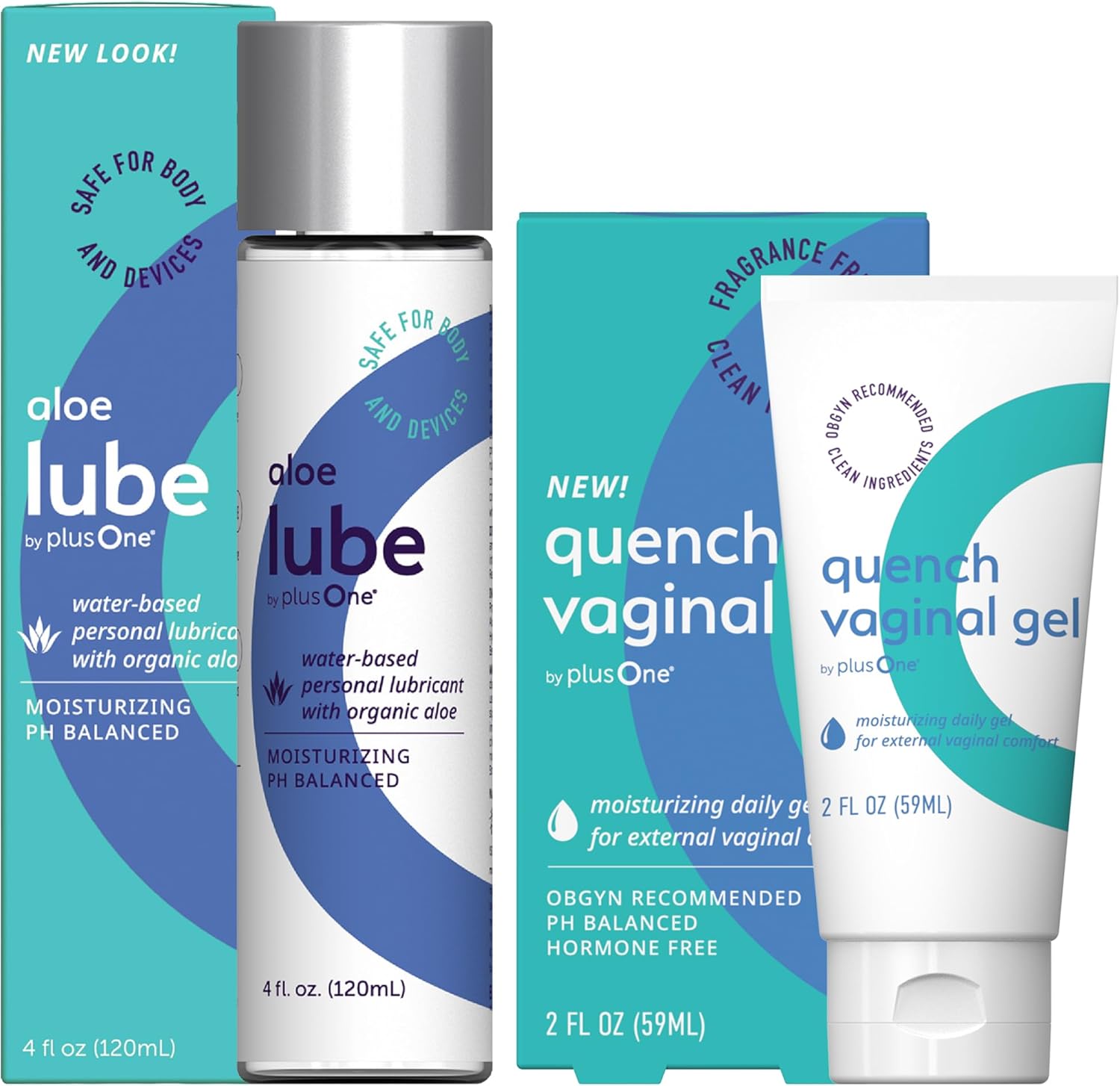 plusOne Intimate Wellness Bundle for Women – Water-Based Aloe Lube + Quench Vaginal Gel, pH-Balancing Personal Lubricant and External Vaginal Moisturizer