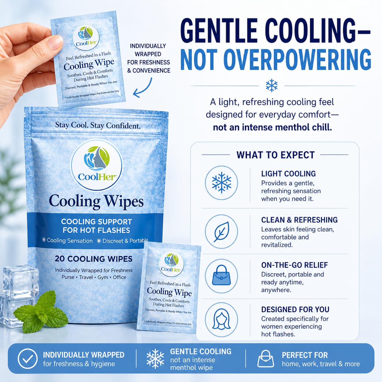 Cooling Wipes for Hot Flashes – Gentle Cooling, Not Overpowering – Menopause Support Wipes for Women – Individually Wrapped, On-the-Go – 20 Count - Image 2