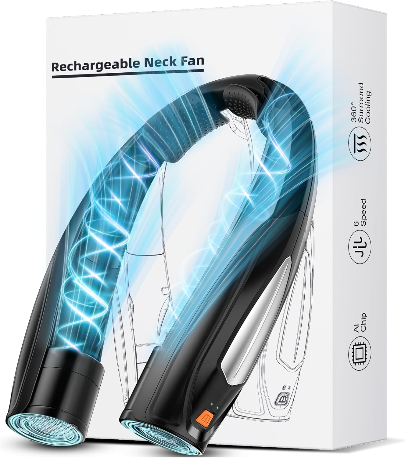 Hionly AI Neck Fan, 6 Speeds Adjustable Portable Personal Fan Rechargeable, Faster Cooling Wearable Fan, Ultra Quiet for Home, Office, Travel, Outdoor