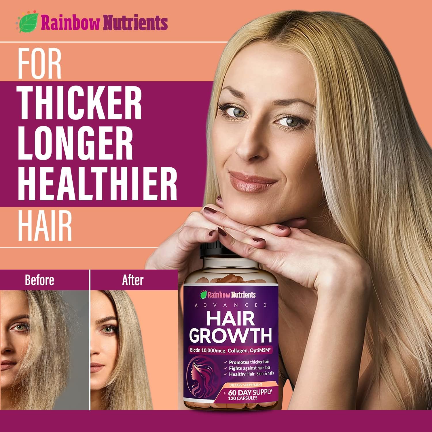Hair Growth Vitamins for Women | Biotin 10,000mcg, Collagen, Patented OptiMSM®, goMCT®, Saw Palmetto | Naturally Regrow Stronger & Healthier Hair, Skin and Nails | Stops Hair Loss | 60 Day Supply - Image 4