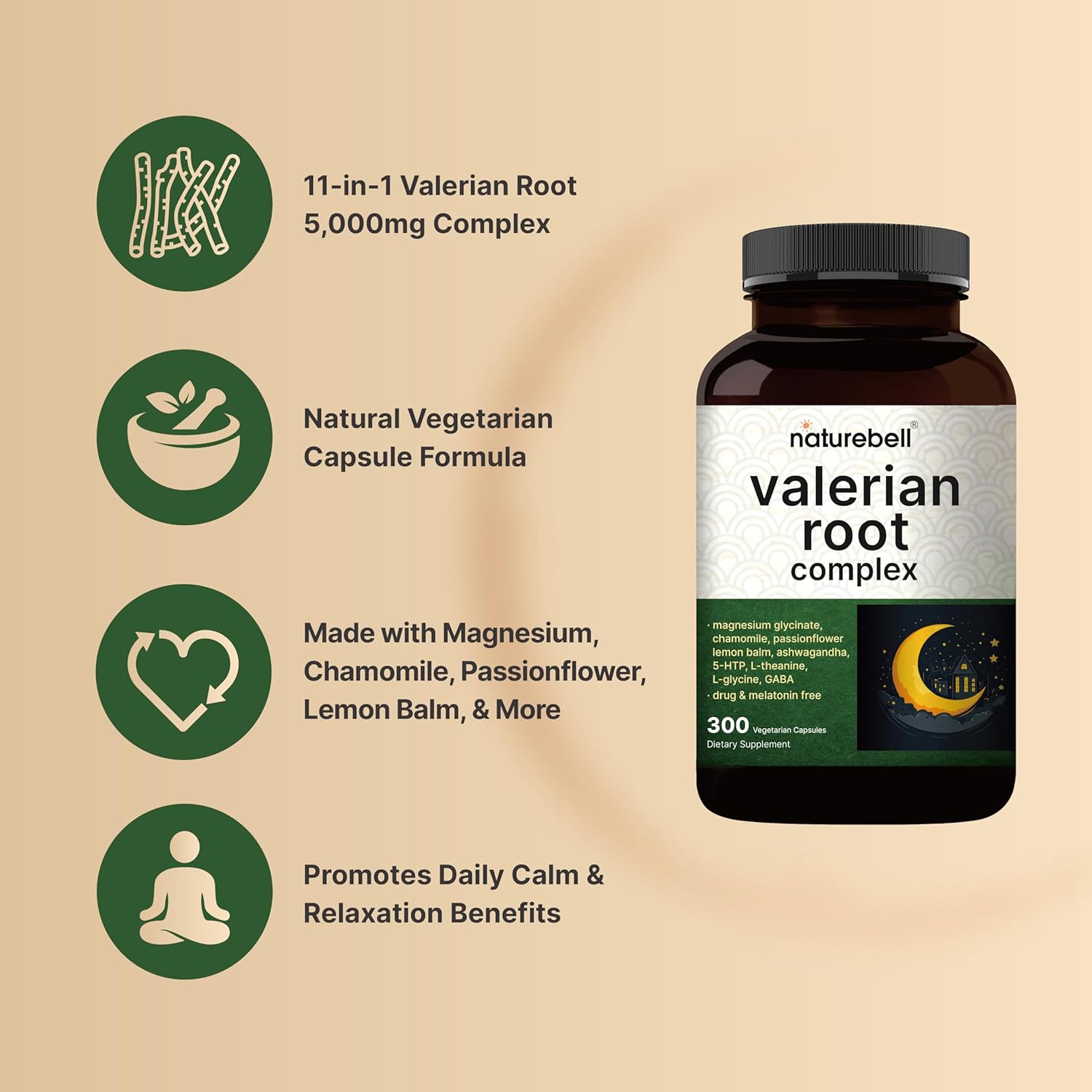 NatureBell Valerian Root for Sleep, 300 Veggie Capsules with Magnesium Glycinate, Chamomile, Passionflower, Lemon Balm, Ashwagandha, & More – Relaxation & Sleep Support Supplement – Melatonin Free - Image 3