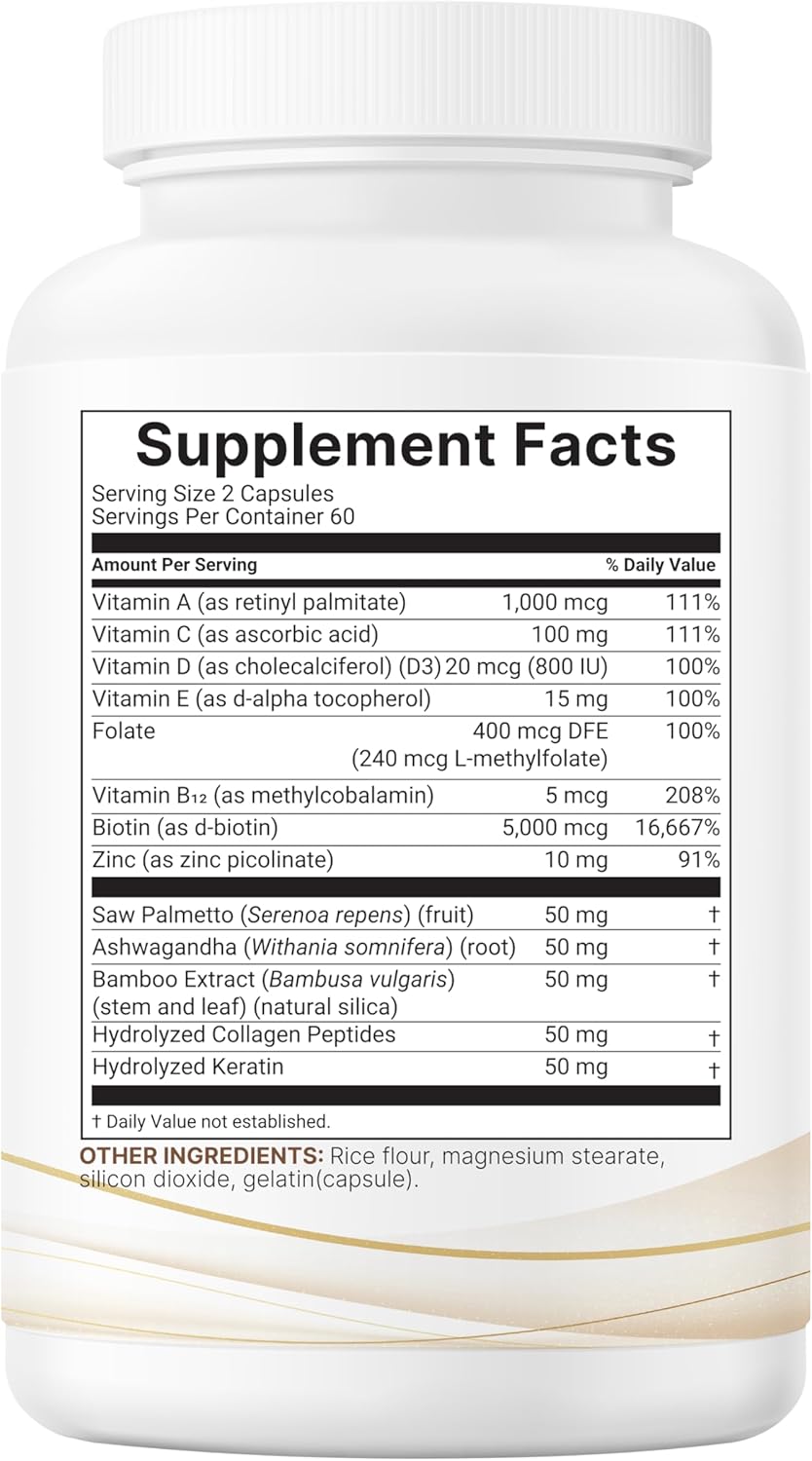 Micro Ingredients Hair Vitamins Complex, 120 Capsules | Hair Supplements for Women & Men with Hydrolyzed Collagen, Keratin, Methylfolate, Bamboo Extract, Vitamin C, Biotin, Saw Palmetto, & More - Image 8