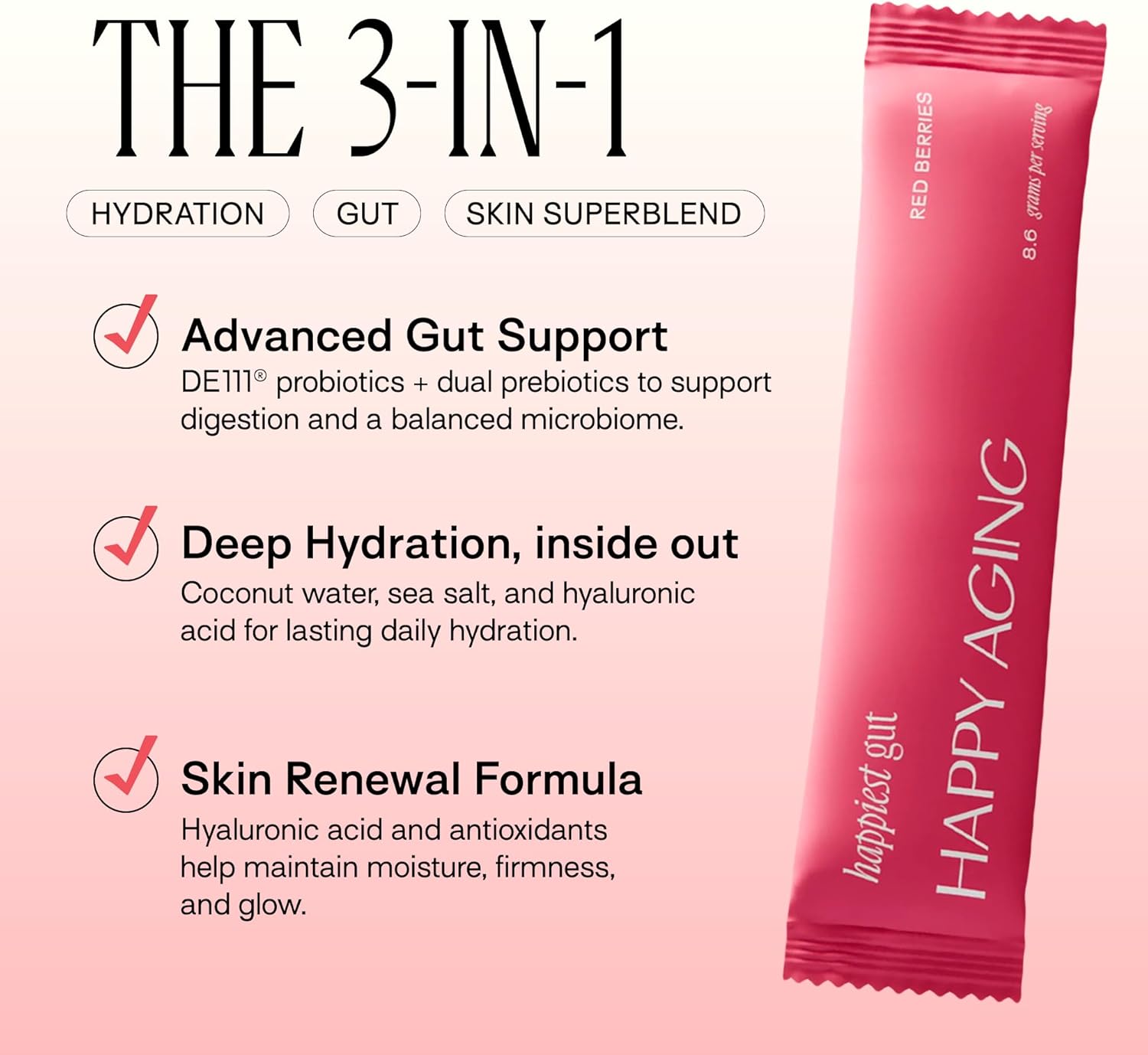 Happy Aging Electrolytes Powder Packets for Women - Sugar Free Hydration & Gut Health with Hyaluronic Acid & Bacillus Subtilis DE111 Probiotics - Dual Prebiotic System for Skin Beauty - Image 2