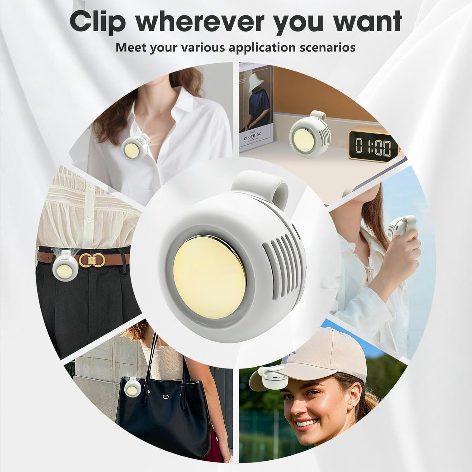 Clip On Fan,Portable Wearable Bladeless Fan,USB Rechargeable 360° Rotatable,3-Speed Silent Mini Personal Fans,Hands-Free Cooling Fan for Outdoor & Travel & Office,Ideal Gift(White) - Image 5