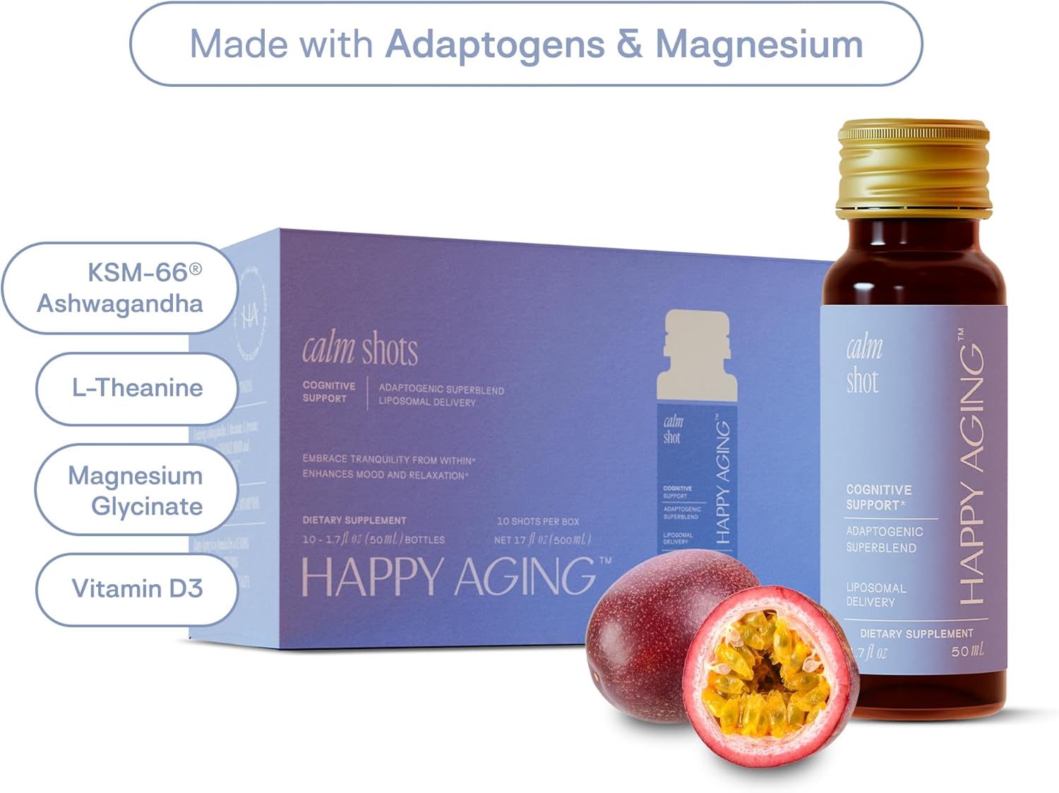 Happy Aging Cortisol Support for Women – Stress Relief & Mental Clarity with Ashwagandha, L-Theanine, L-Tyrosine, Magnesium Sulfate, Vitamin D3 & B6 Sugar-Free – 10 Ready-to-Drink Shots - Image 3