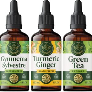 HERBAMAMA 3-Step Herbal Wellness Set: Bundle of Turmeric Ginger Drops for Digestive Health & Gymnema Sylvestre Liquid for Daily Balance & Green Tea Extract for Metaboliс Support
