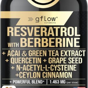 gflow vitamins Resveratrol Supplement with Berberine Green Tea Extract, Ceylon Cinnamon, Grape Seed & Quercetin1000mg Quercetin, N Acetyl cysteine, Acai | 100% Natural, Max Strength | Made in USA