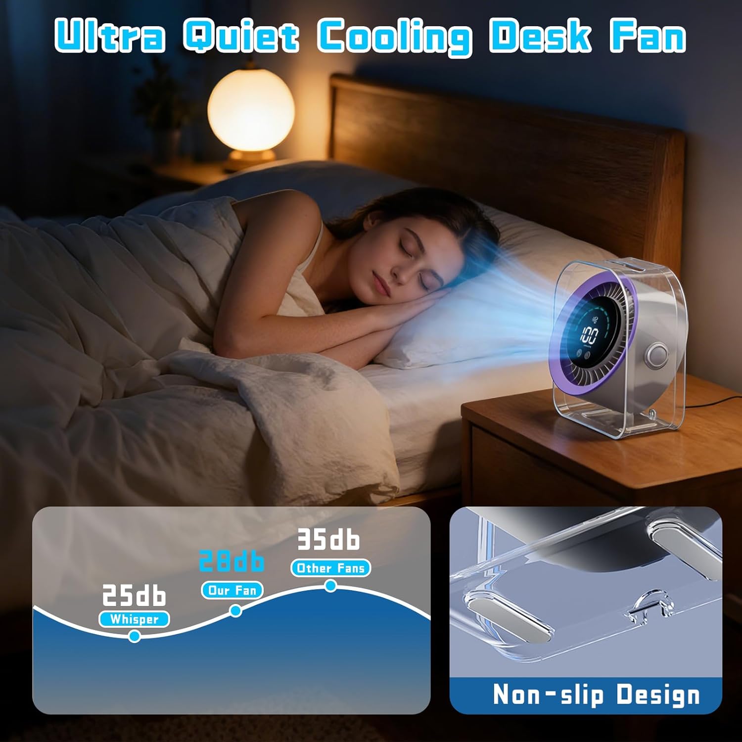 FOWSEEK Rechargeable Desk Fan Small Quiet, 4000mAh Portable USB Table Fan with 100 Speeds, 360° Adjustable, LED Display, Desktop Personal Cooling Fans for Bedroom Camping Office Travel - Purple - Image 5
