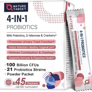 NATURE TARGET Probiotics-for-Women Prebiotics-and-Probiotics-Powder, 100-Billion-CFUs 45-Day-Supply, Women's-Probiotic with D-Mannose and Cranberry for Urinary Tract/Gut/Digestive Health