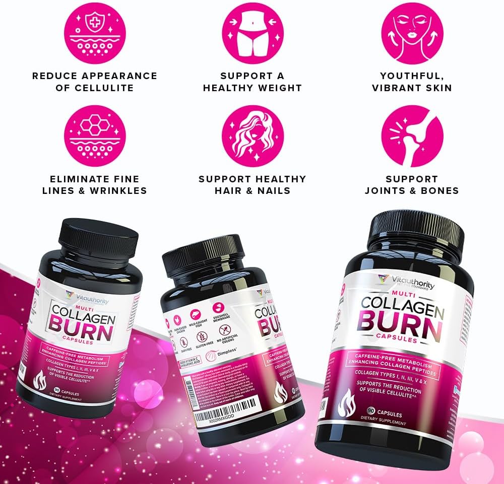 Multi Collagen Burn: Multi-Type Hydrolyzed Protein Peptides with Hyaluronic Acid, Vitamin C, SOD B Dimpless, Types I, II, III, V and X, Caffeine-Free (Unflavored Capsules) - Image 3