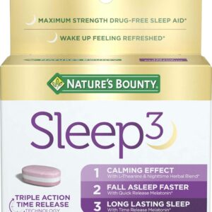 Nature’s Bounty Sleep3 Melatonin 10mg, Maximum Strength 100% Drug Free Sleep Aid, Dietary Supplement, L-Theanine & Nighttime Herbal Blend Time Release Technology, 60 Tri-Layered Tablets