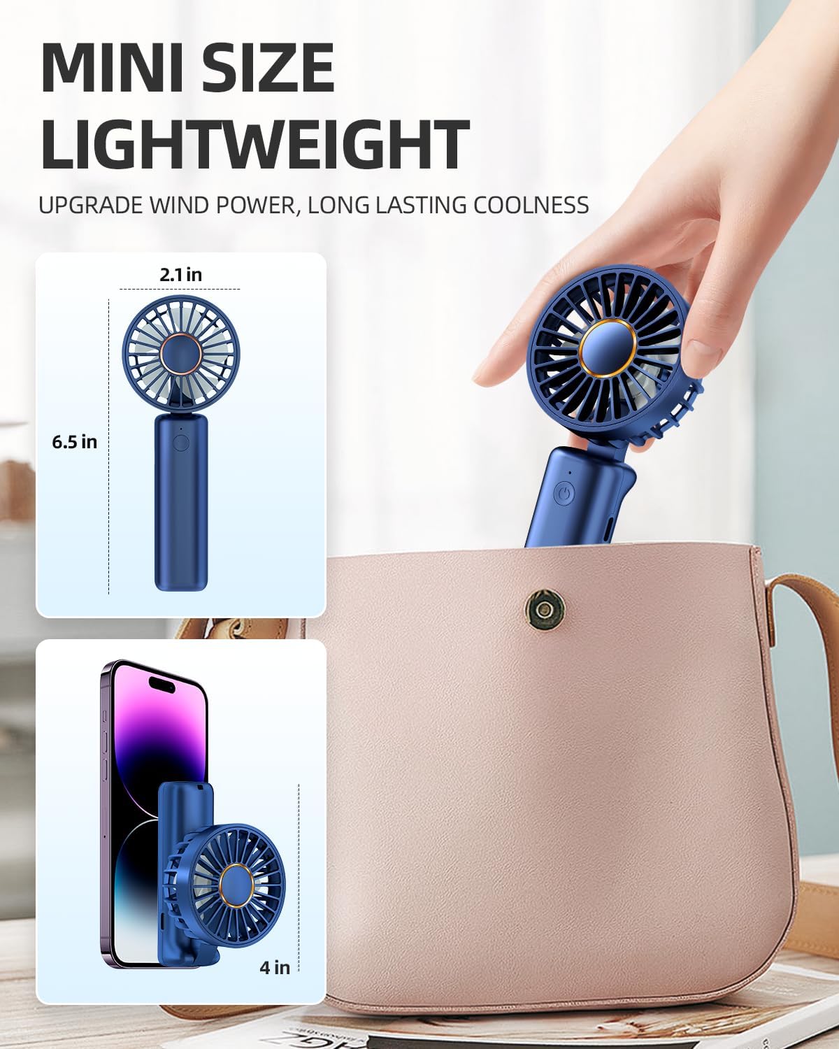 FrSara Portable Handheld Fan Rechargeable, Small Mini Folding Desk Fan Upgraded Wind Power, 3-Speed, 2000mAh Long Battery Life, Quiet, Portable, Suitable for Outdoor Travel, Blue - Image 5