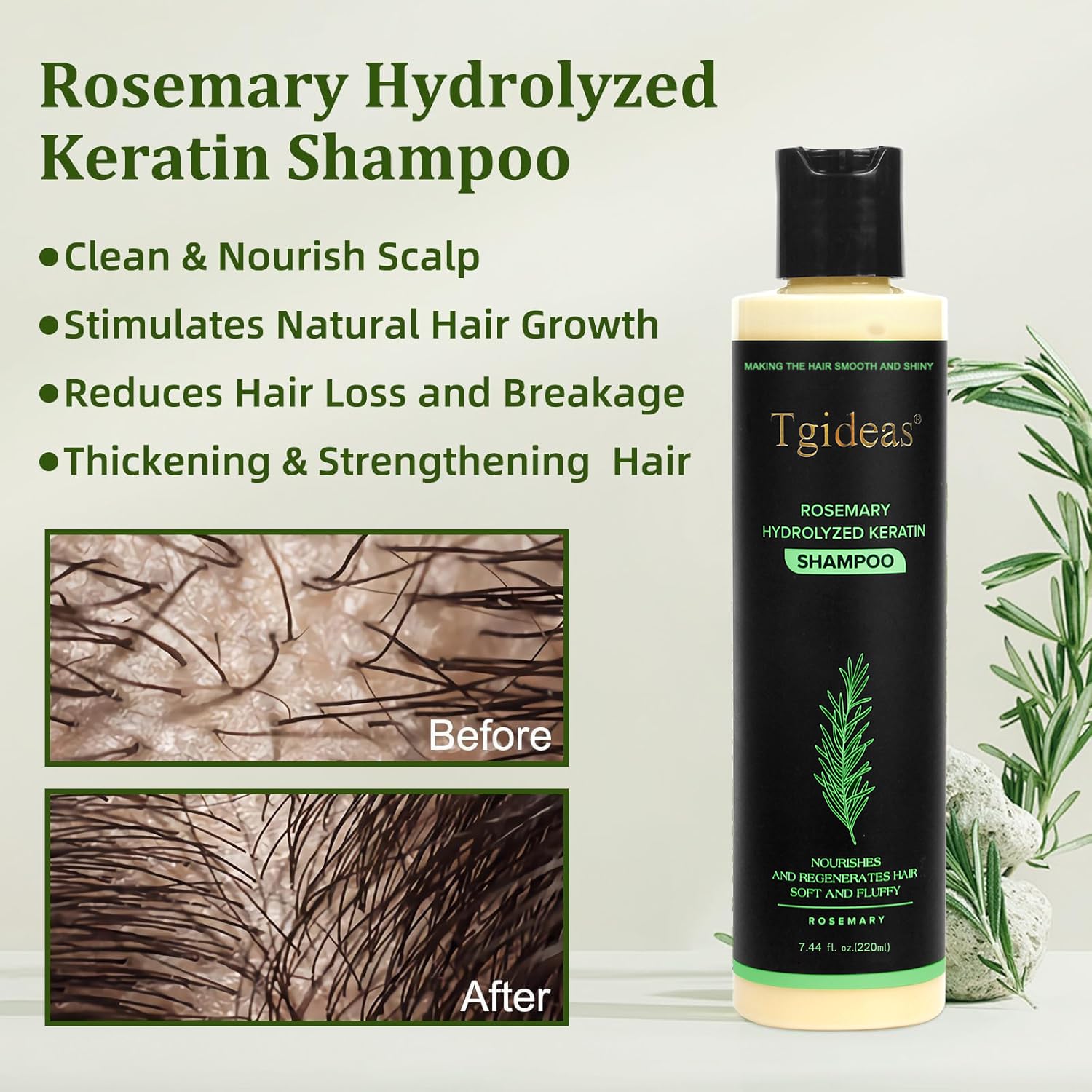 Tgideas Organic Rosemary Hair Growth Shampoo for Women and Men-Natural Thickening & Strengthening Shampoo with Hydrolyzed Keratin for Thinning Hair & Hair Loss 7.4 fl.oz - Image 2