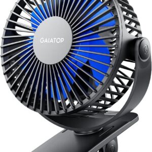 Gaiatop Portable Clip on Fan Battery Operated, Small Powerful 3 Speed Quiet 360° Rotate, USB Rechargeable Mini Personal Cooling Fan for Desk Table Home Office Stroller Camping Women Gifts Black Blue