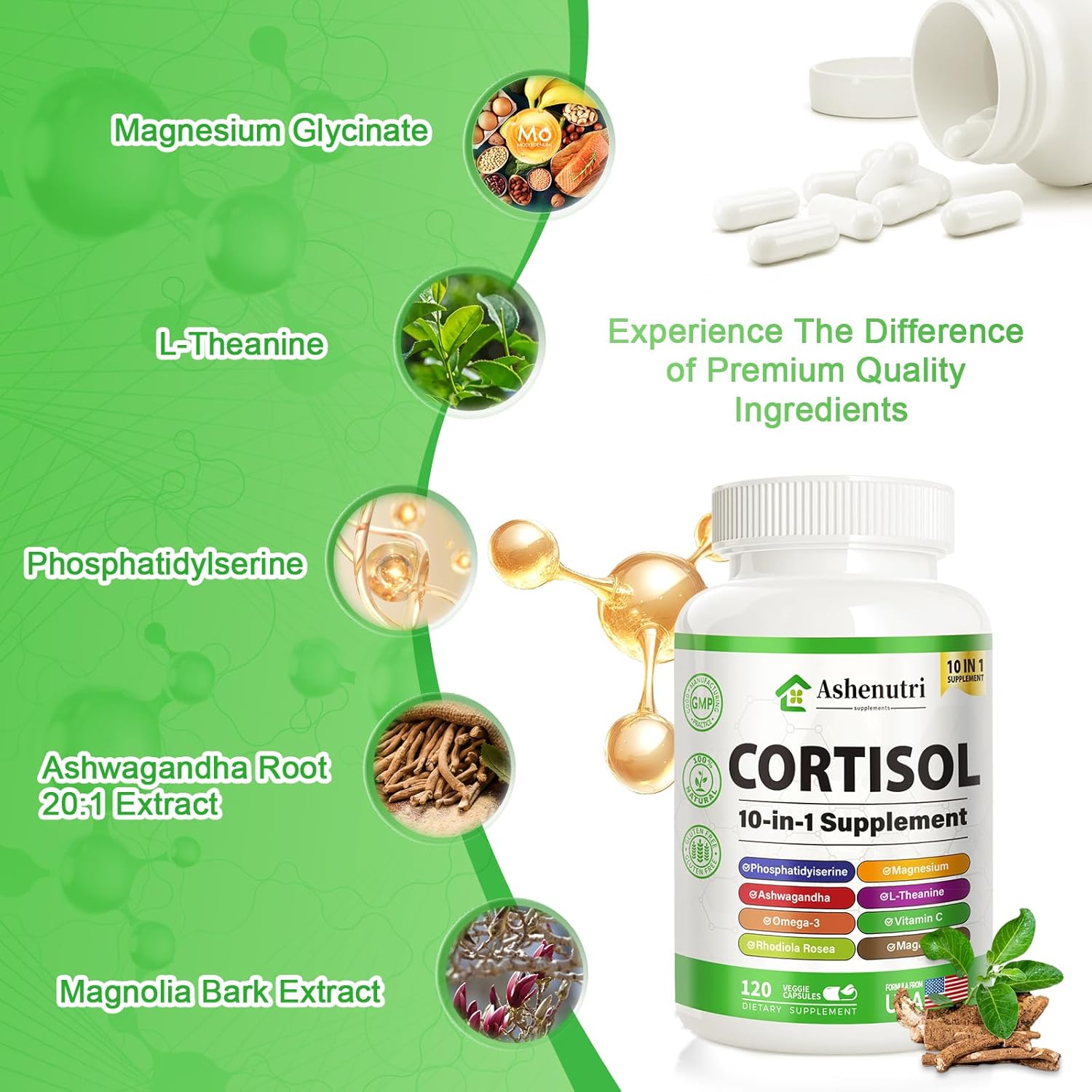 Ashenutri 10-in-1 Cortisol Supplement with Magnesium,Ashwagandha,Rhodiola Rosea,L Theanine,Hormone Balance for Women 120 Vegan Capsules - Image 3