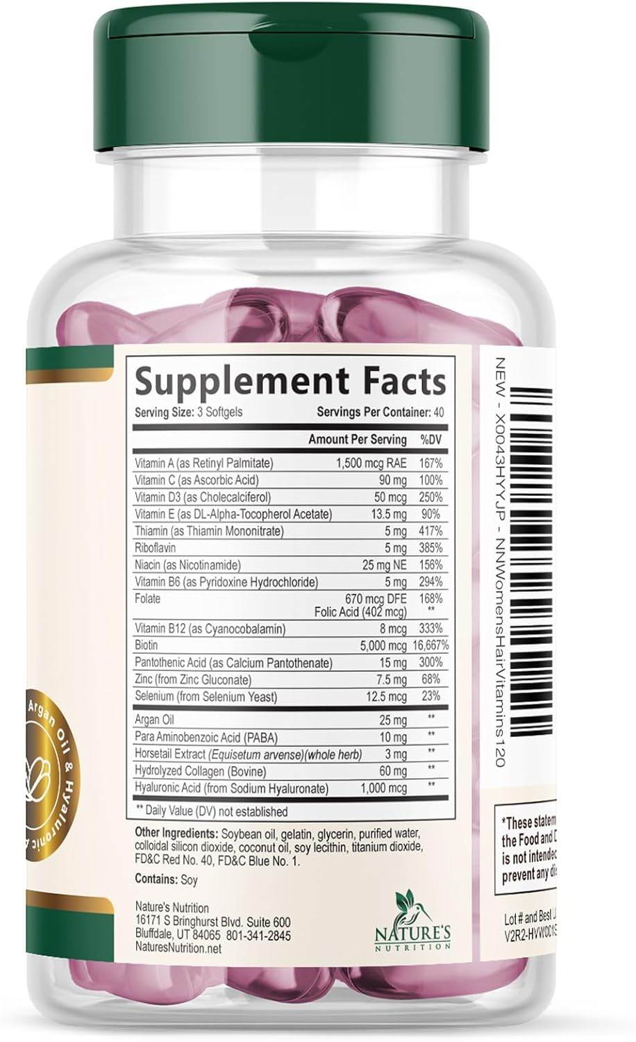 Hair Skin and Nails Vitamins for Hair Growth - Biotin 5000mcg Per Serving - Extra Strength Collagen, Argan Oil & Hyaluronic Acid - Best Beauty Supplement for Women & Men - USA Bottled - 120 Softgels - Image 9