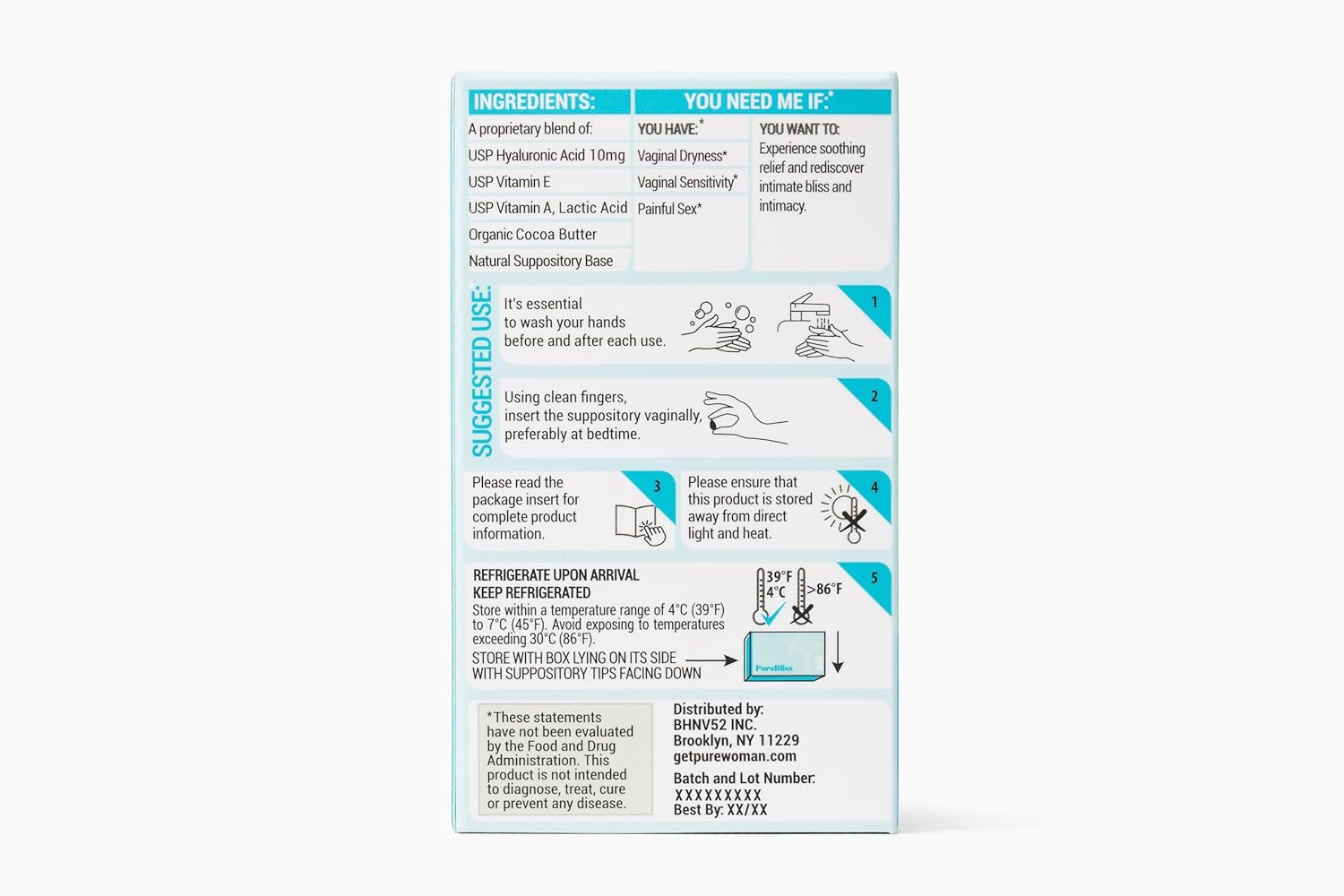 PURE WOMAN - Pure Bliss - Vaginal Moisturizing Suppositories - Hyaluronic Acid, Vitamin E, Vitamin A, Lactic Acid - Supports Vaginal Moisturization - Long Lasting Comfort & Sensitivity Relief - 10 Pk - Image 2