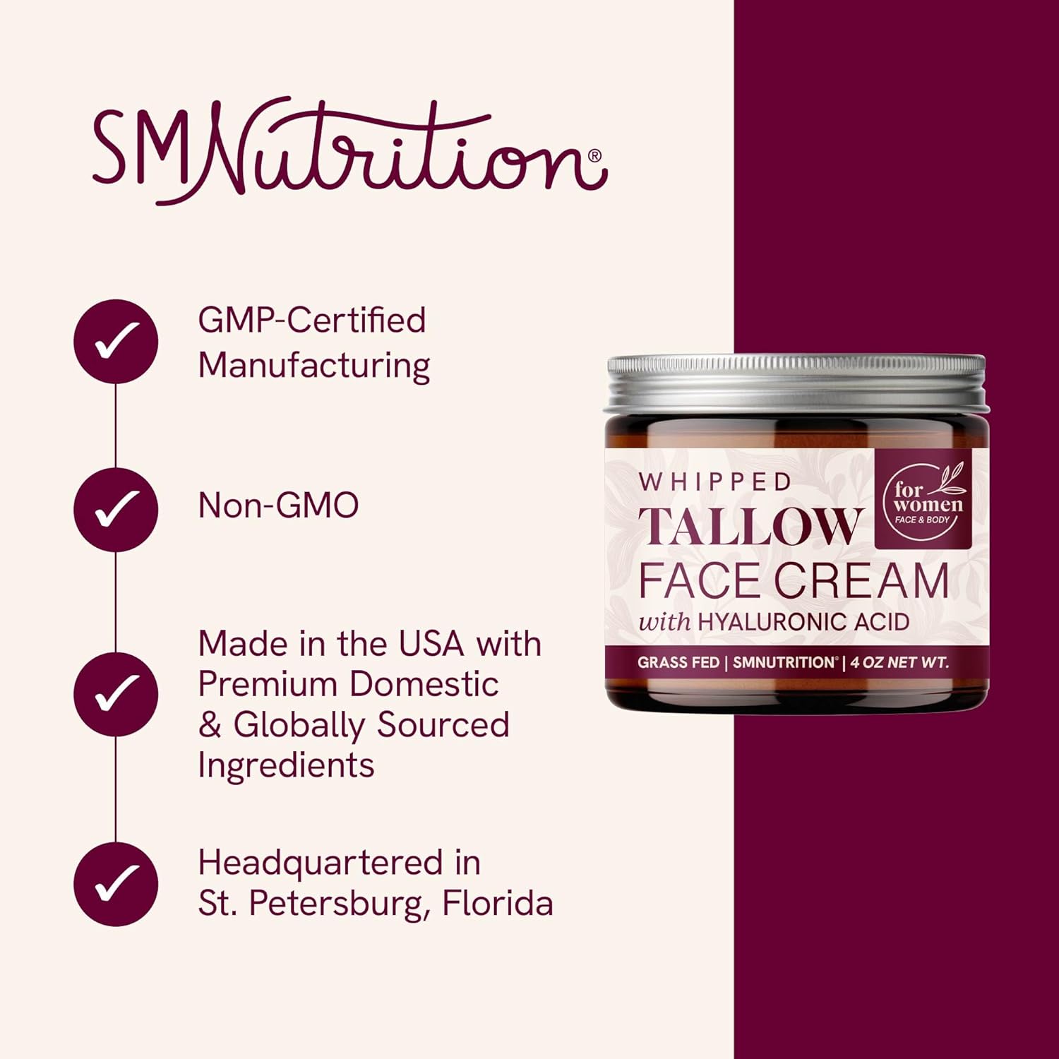 Beef Tallow Face Moisturizer for Women | With Hyaluronic Acid | Hydrating Whipped Beef Tallow for Skin Care for Women | With Jojoba & Sweet Almond Oil | Paraben & Cruelty-Free, Non-GMO | 4 oz - Image 2