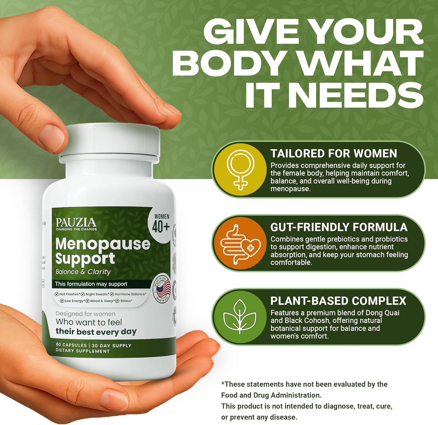 PAUZIA Menopause Supplements for Women 40+ | Natural Menopause Relief with Black Cohosh, Ashwagandha, Vitex | Hot Flash & Mood Support | Hormone-Free | Made in USA (60 Vegan Capsules) - Image 2
